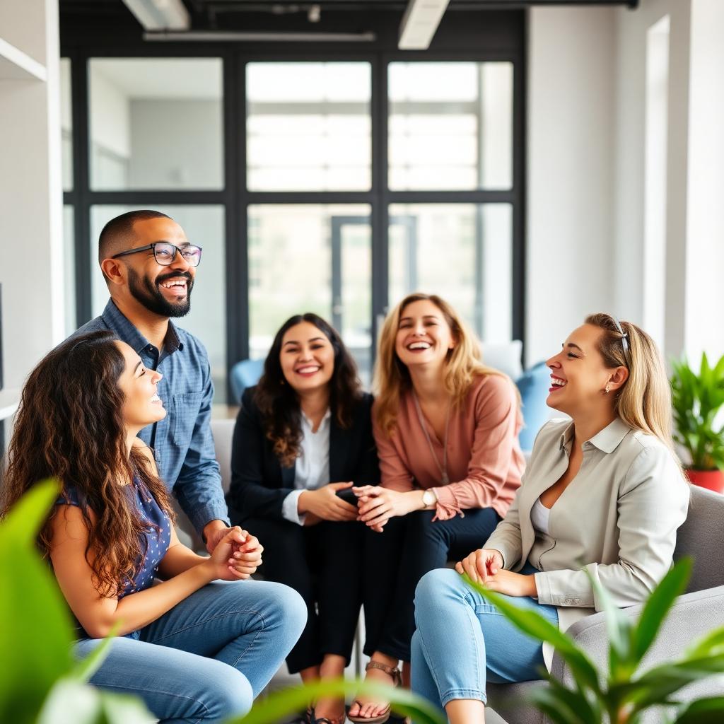 Equipe rindo em momento de bem-estar no trabalho